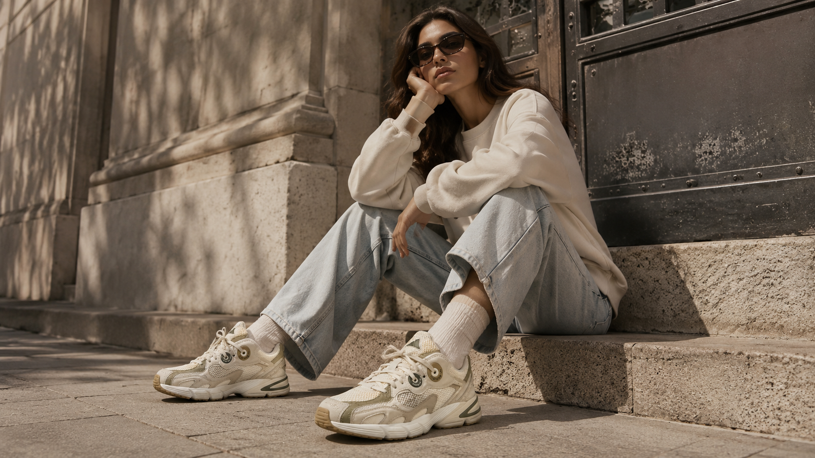 adidas Astir в городском образе с расслабленными джинсами