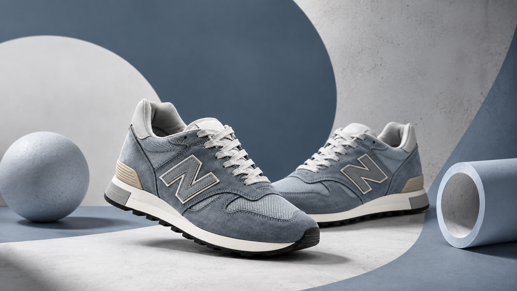 Пара серо-синих New Balance 1300 в студийной композиции