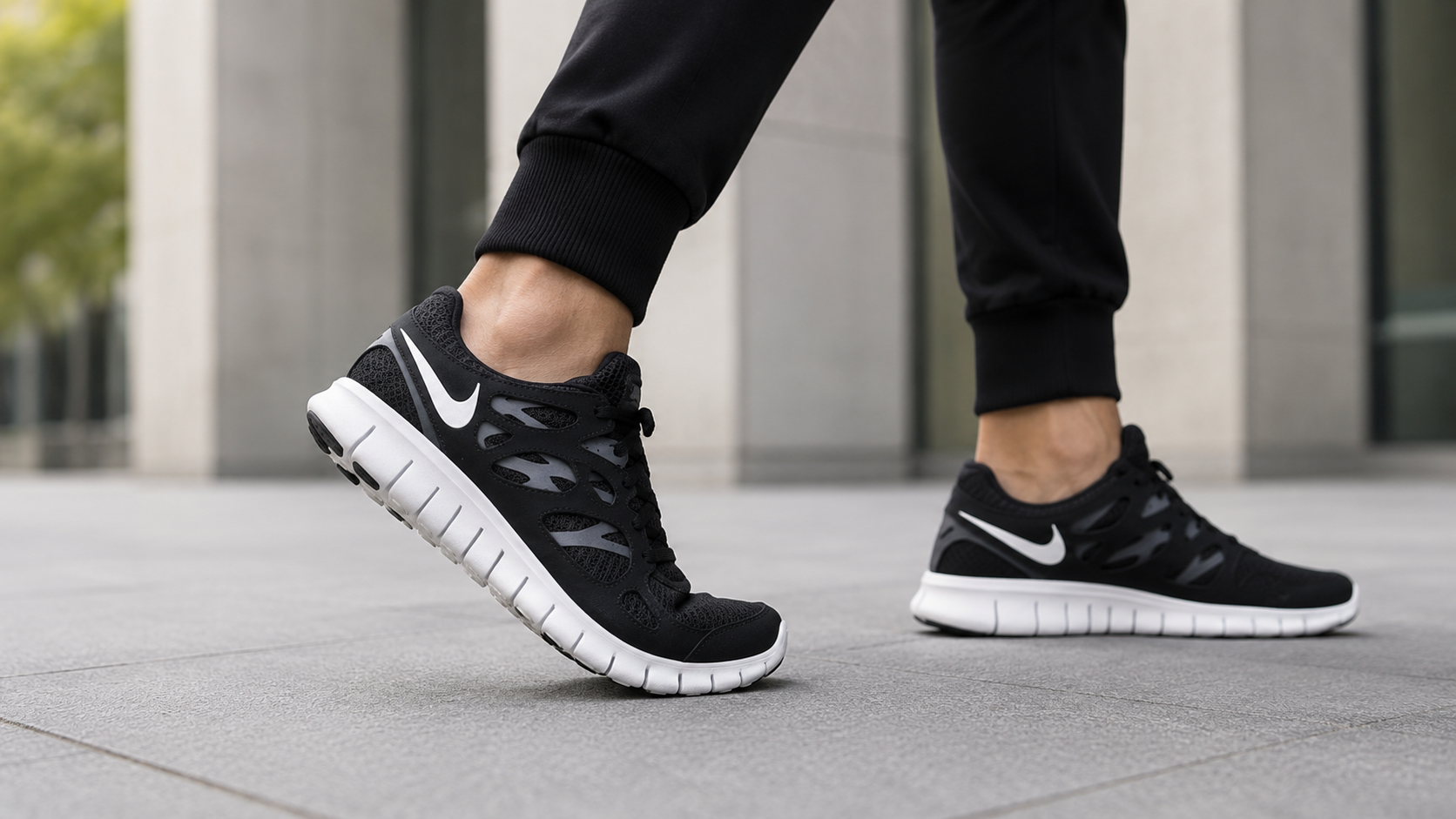 Nike Free Run 2 на ногах во время шага с естественным сгибом подошвы