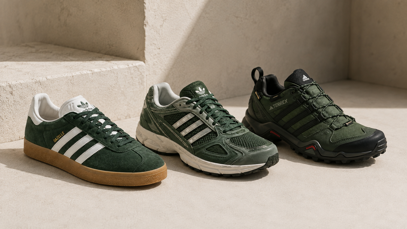 Три зелёных силуэта adidas — низкий ретро, runner и outdoor