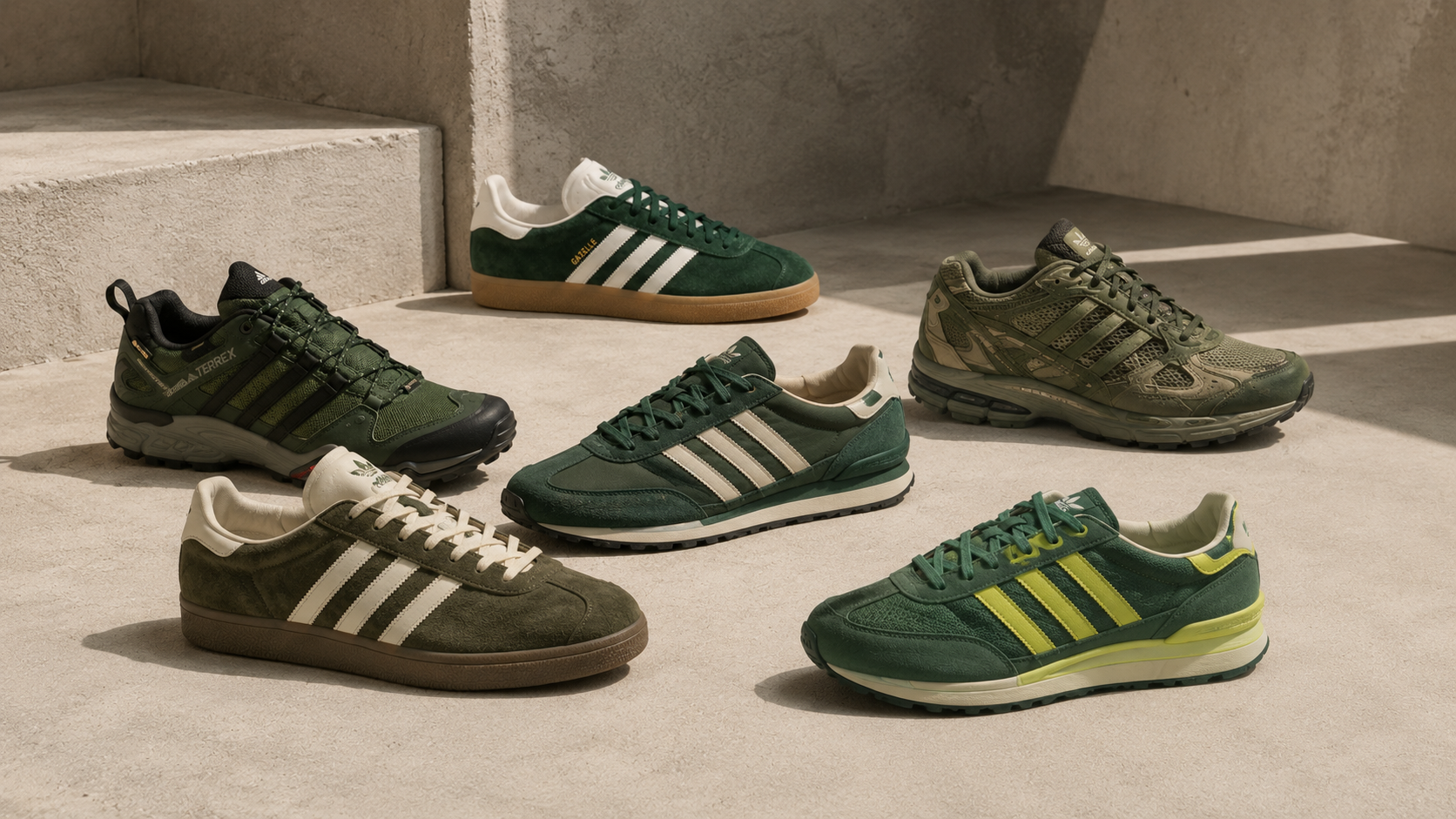 Зелёные adidas с палитрой forest green, olive и sage
