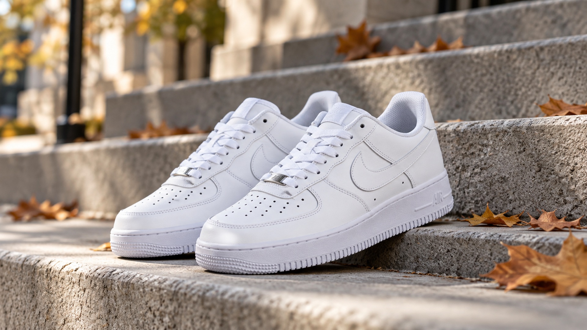 Белые Nike Air Force 1 Low арт. 928 в городской демисезонной сцене