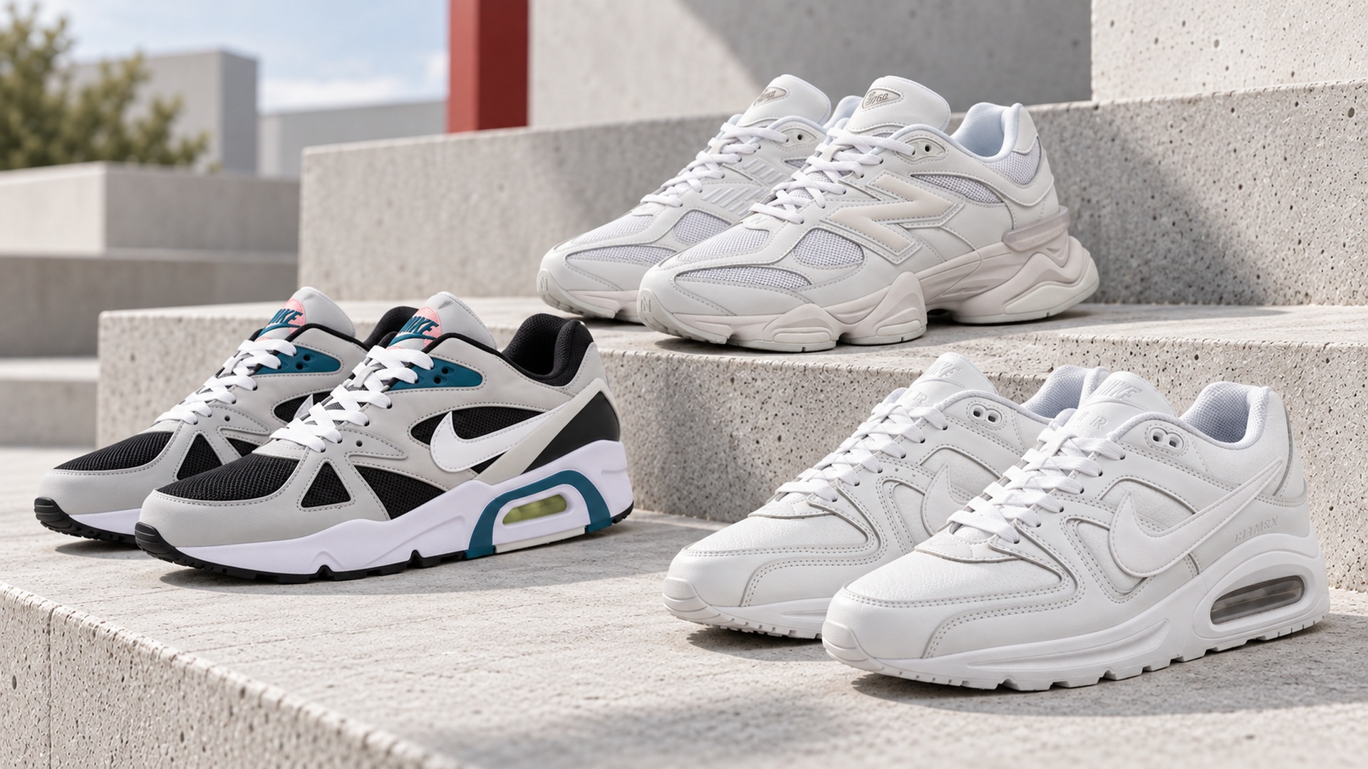 Белые демисезонные кроссовки Nike, New Balance и Air Max на светлых бетонных ступенях