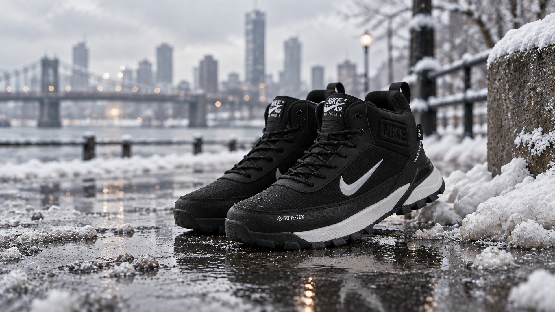 Чёрные зимние кроссовки Nike Rivah Mid на мокром зимнем покрытии