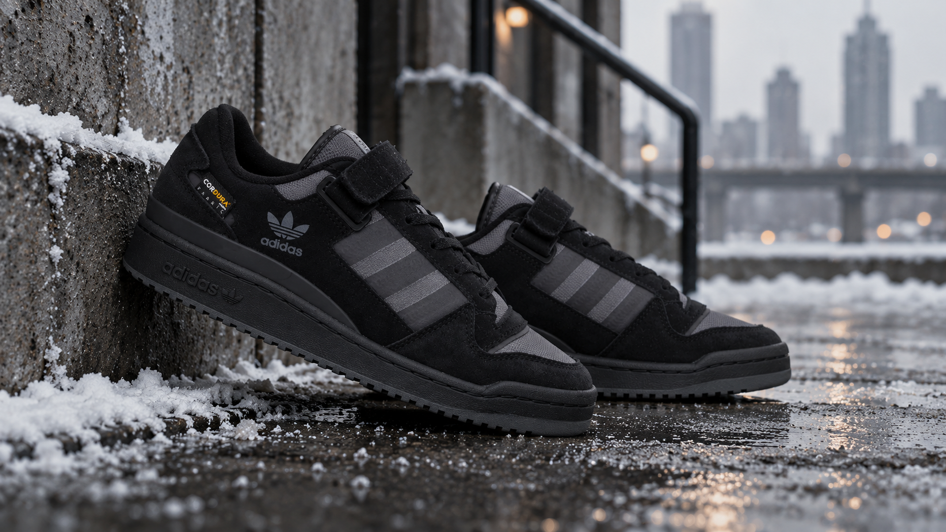 Чёрные Bad Bunny x Adidas Forum Low в городской зимней сцене