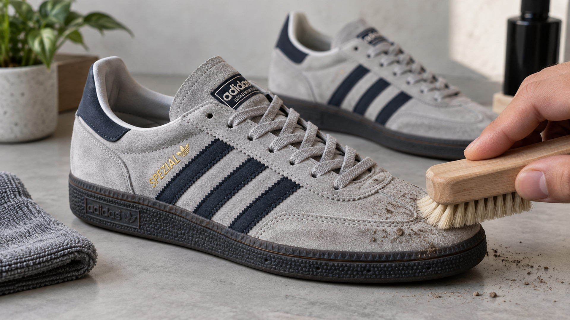 Серые Adidas Spezial из замши: бережная сухая очистка щёткой