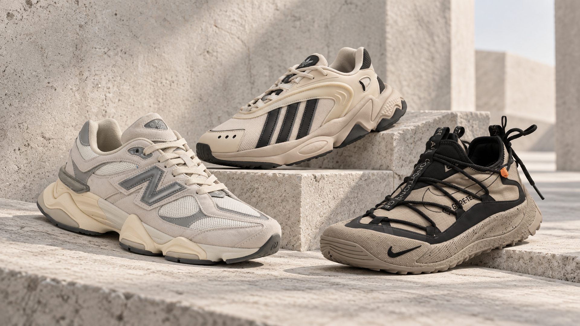 Бежевые кроссовки спортивного стиля New Balance, Adidas и Nike в светлой архитектурной editorial-сцене.