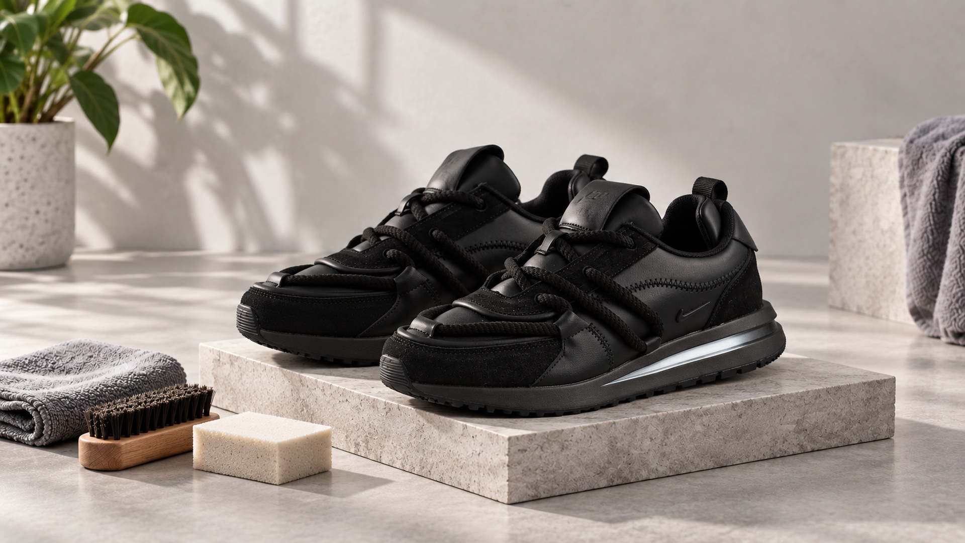Чёрные кроссовки Nike арт. 40708 из кожи и замши рядом с набором ухода