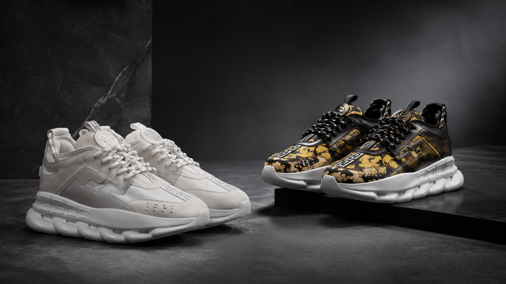 Сдержанная и яркая версии Versace Chain Reaction в одной сцене