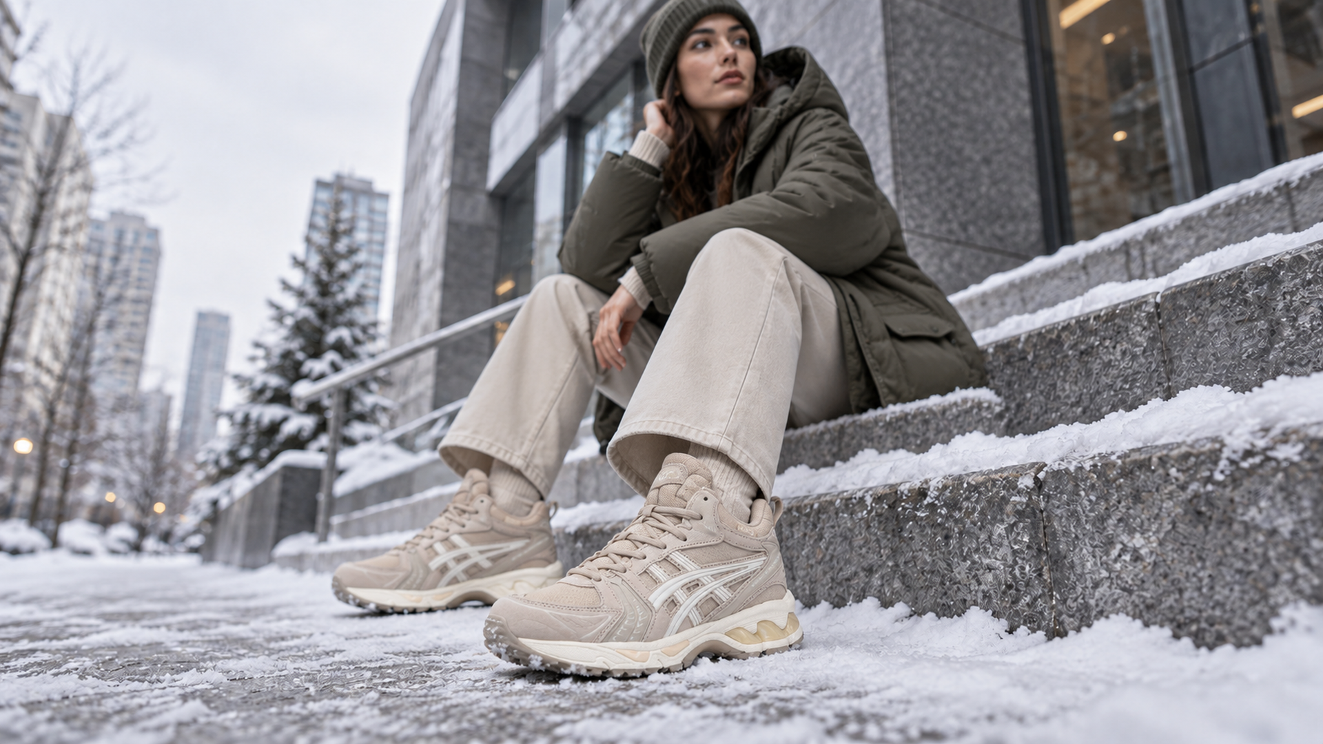 Asics Gel Kayano 14 Mid 43869 со светлыми брюками и объёмной паркой
