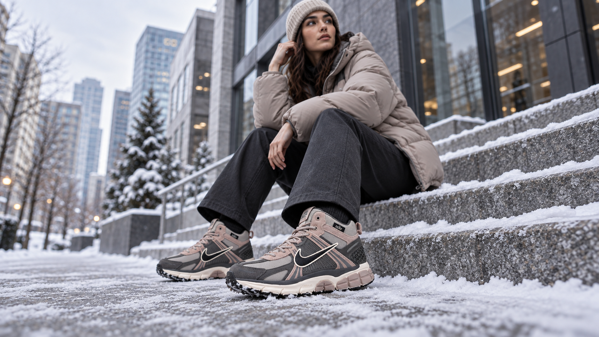 Nike Air Zoom Vomero 5 Mid 43809 с графитовыми брюками и нейтральным пуховиком
