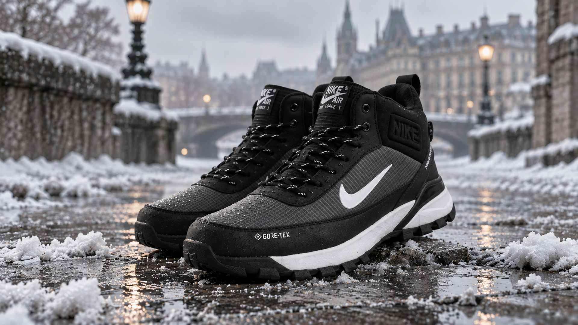 Nike Rivah Mid 46948 в чёрно-сером зимнем исполнении на мокрой заснеженной городской улице