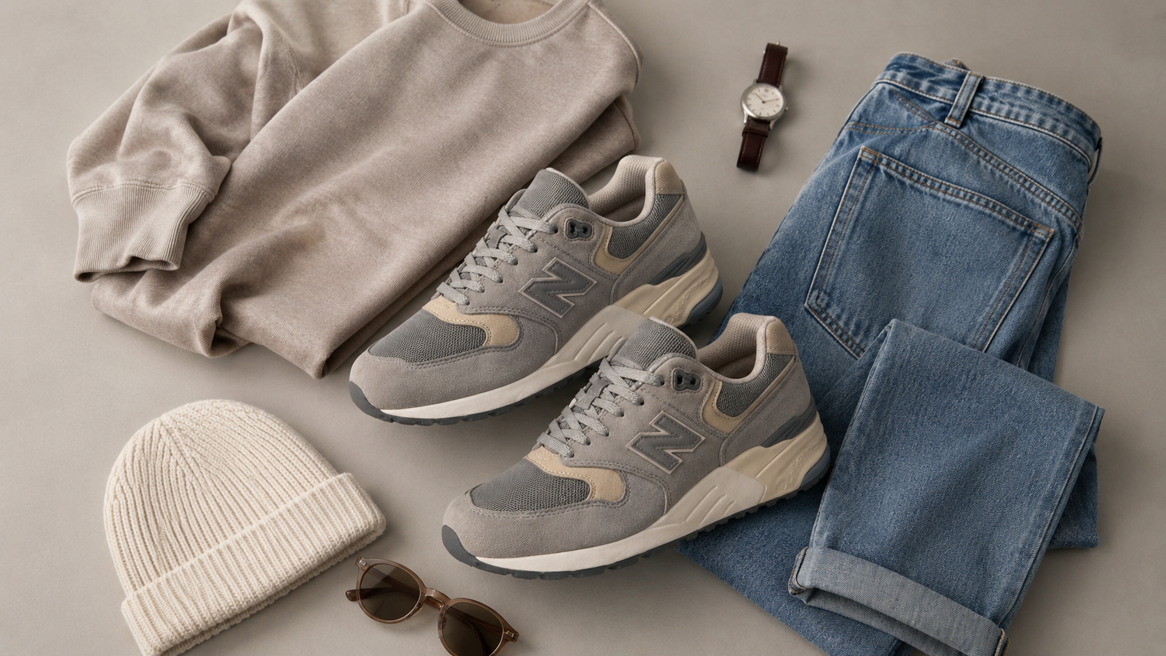 New Balance 999 в раскладке с джинсами и нейтральным свитшотом