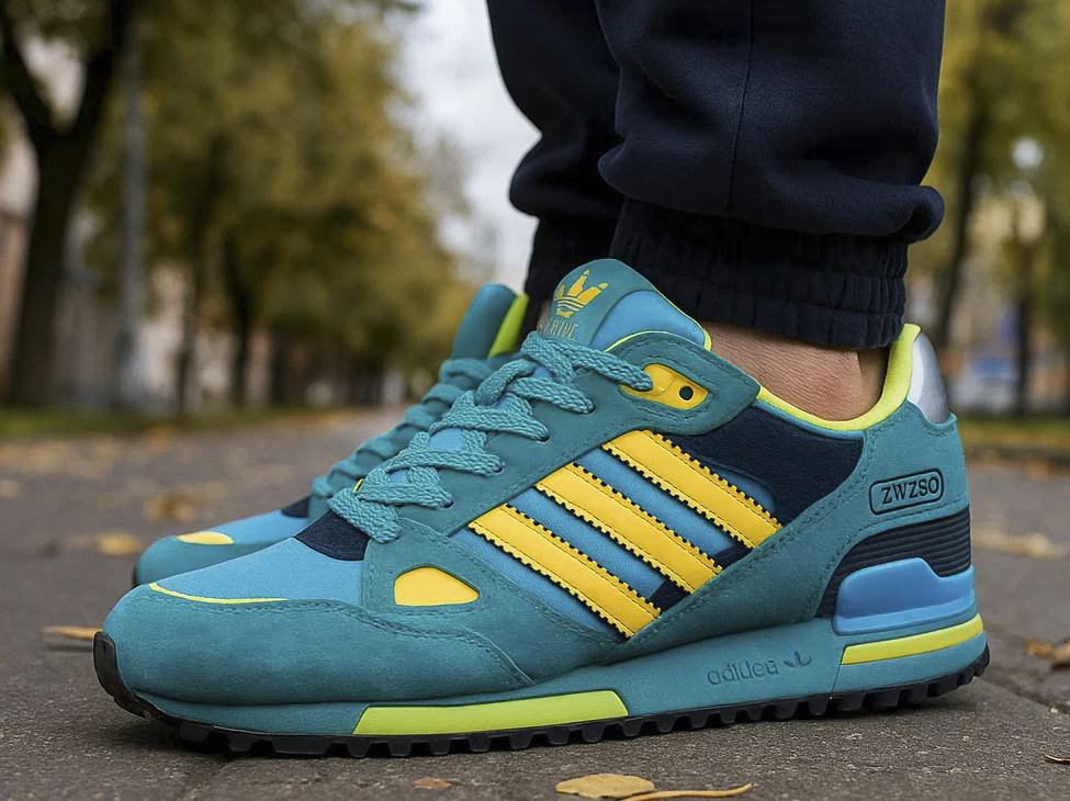 Яркие кроссовки Adidas ZX 750 бирюзового цвета