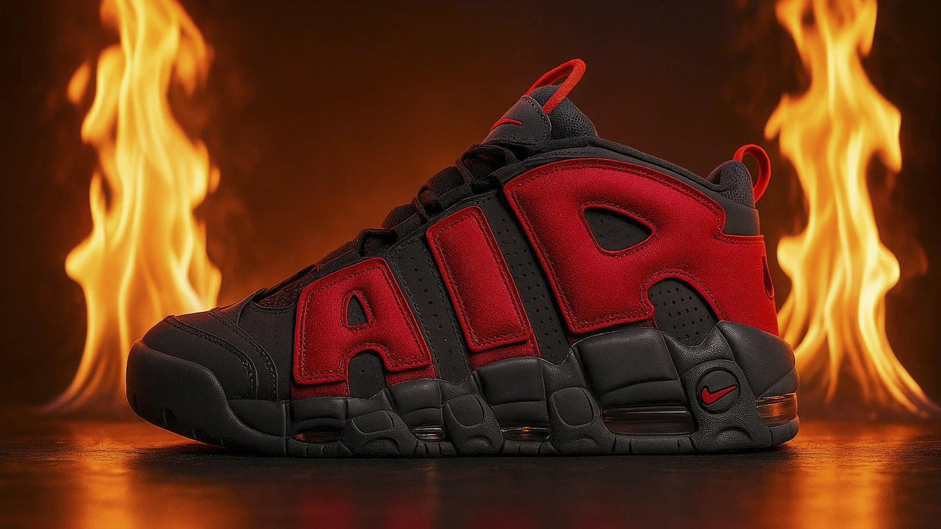 Огненные кроссовки Nike Air More Uptempo с красными буквами