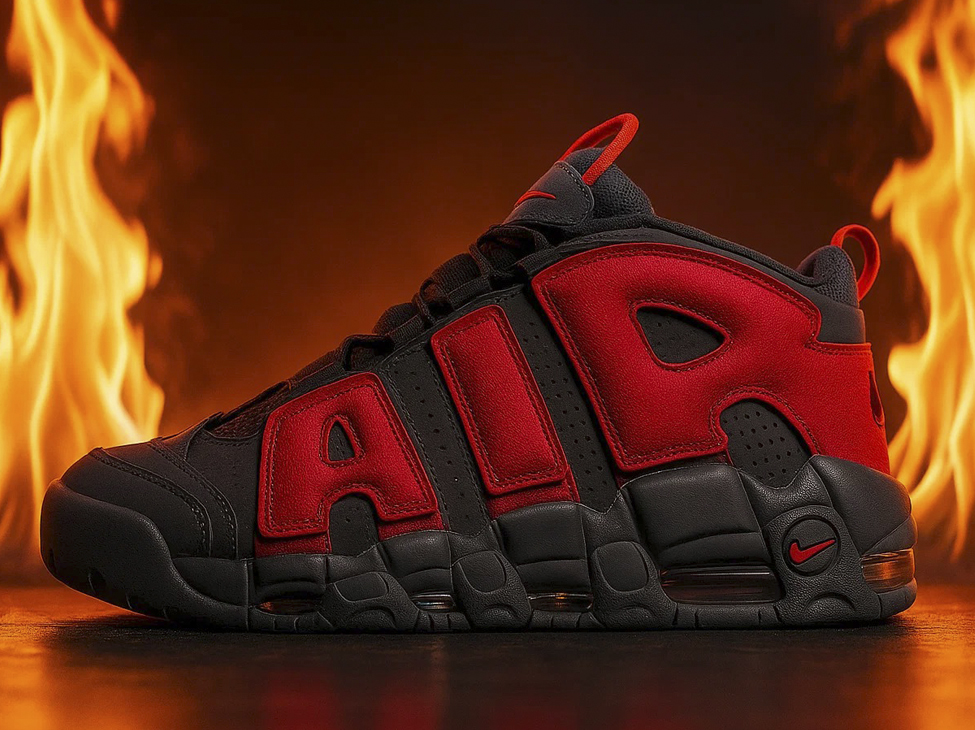 Огненные кроссовки Nike Air More Uptempo с красными буквами